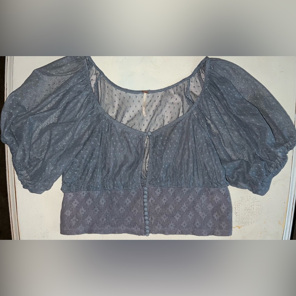 Free People Dusty Blue Sheer Puff-Sleeve Crop Top
